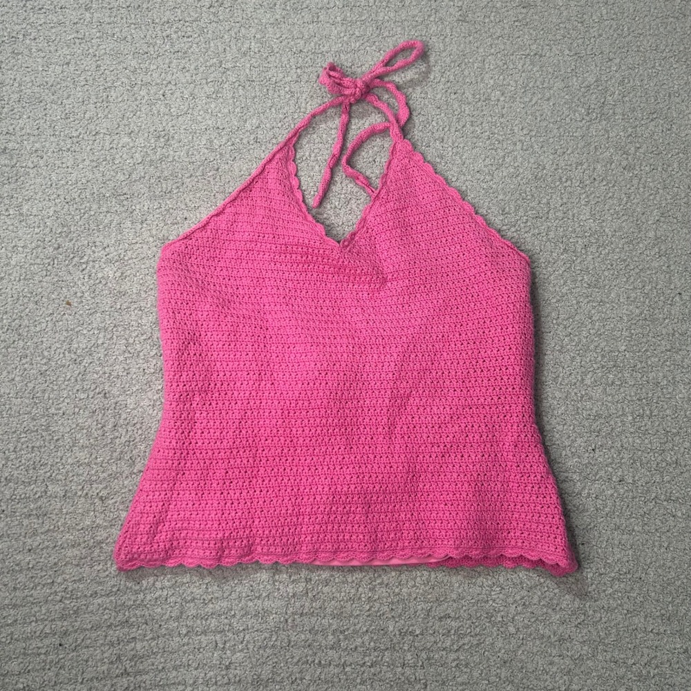 Lilly Pulitzer Halter Top Crochet M Pink Y2K 90s Boho Coastal Summer